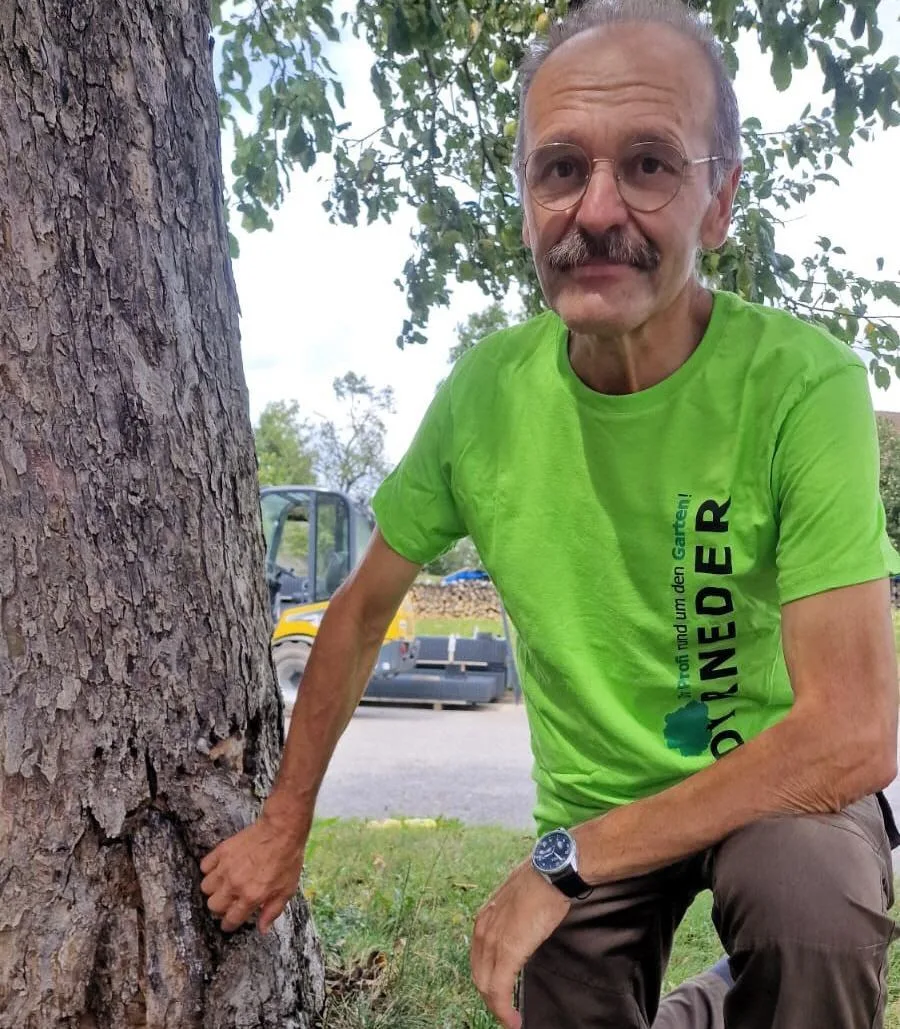 Mitarbeiter im grünen Dirneder-Shirt kniet neben einem Baumstamm